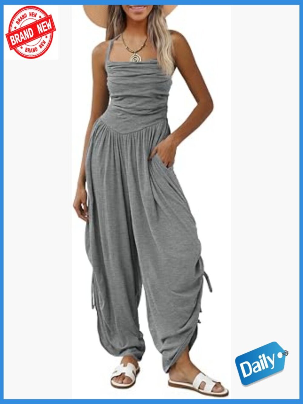 Casual Jumpsuit Summer Halter Strap Ruched Barrel Wide Leg Side-Cinch Long
